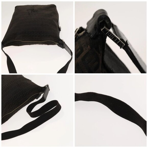 FENDI Zucchino Canvas Shoulder Bag Black Brown Auth bs27098 - Picture 16 of 16